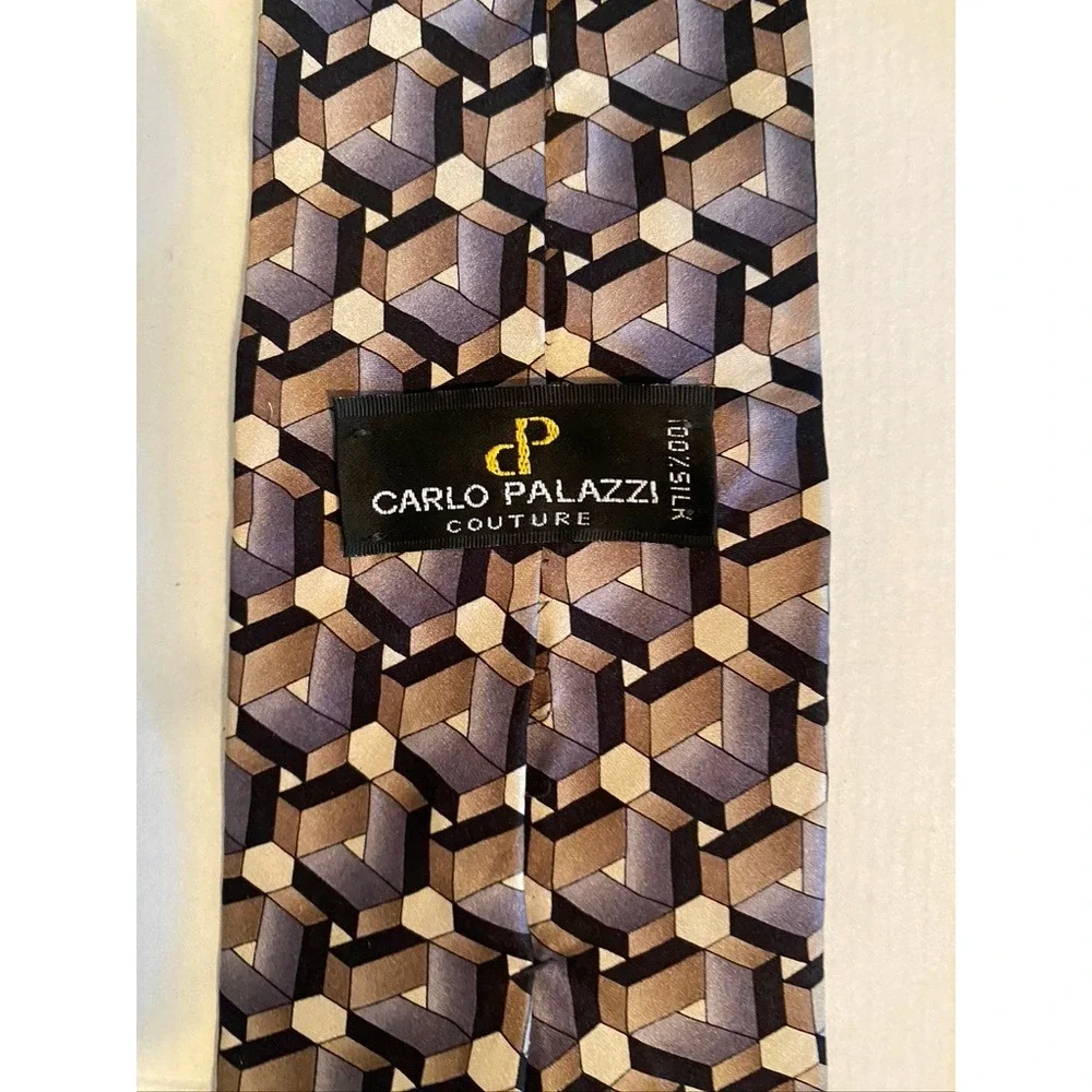 Carlo Palazzi Couture Silk Tie Brown Grey Geometric 3D Cube Pattern Mens USA